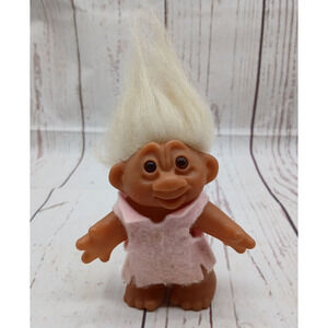 1986 Dam Troll Doll White Hair Pink Dress Vintage Mouth Open 5 In